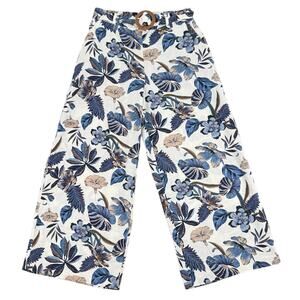 Sigrid Olsen Linen Cropped Wide Leg Pants Tropical Floral Blue Boho Summer Sz 2